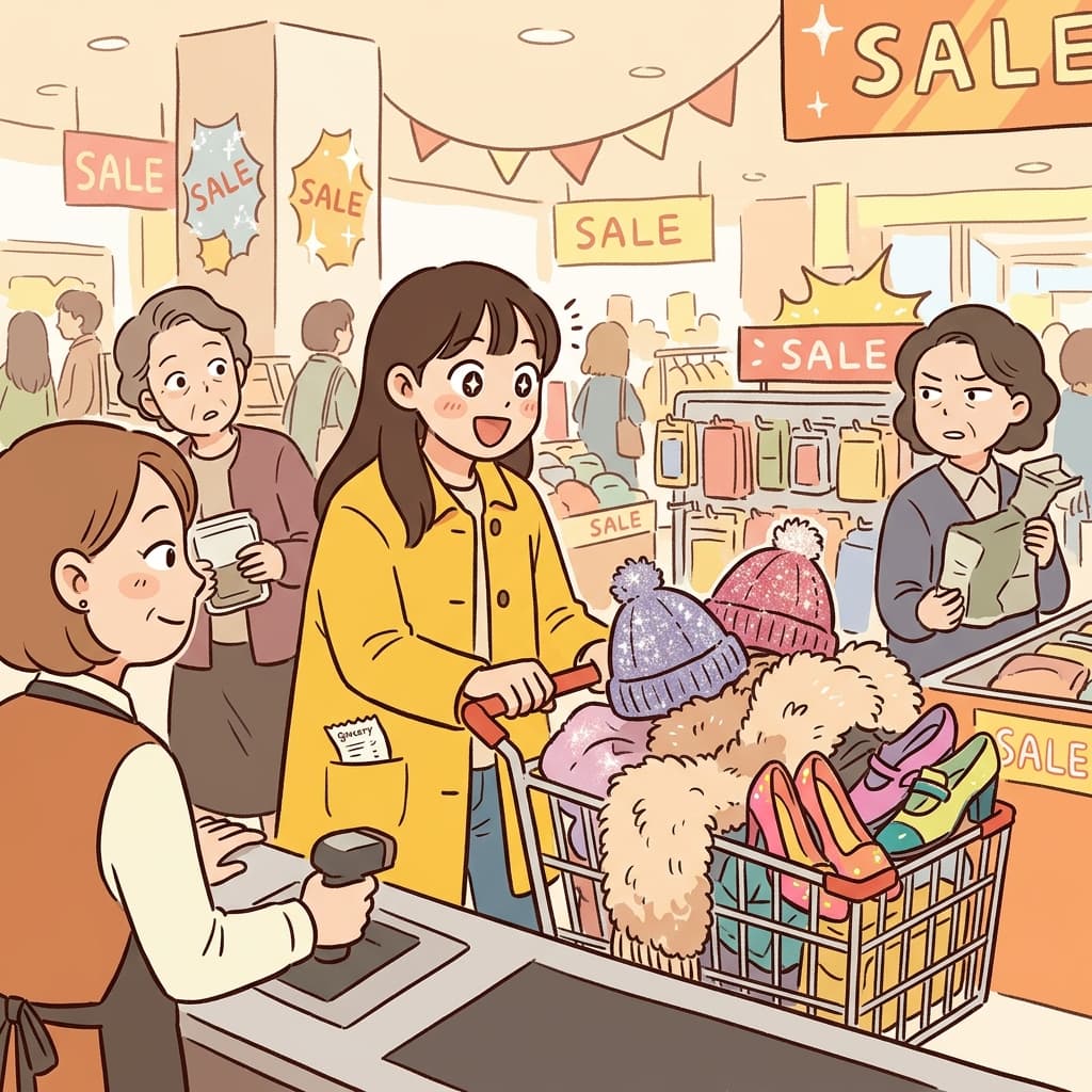 She grabbed three sparkly hats on impulse buying, forgetting her grocery list completely.