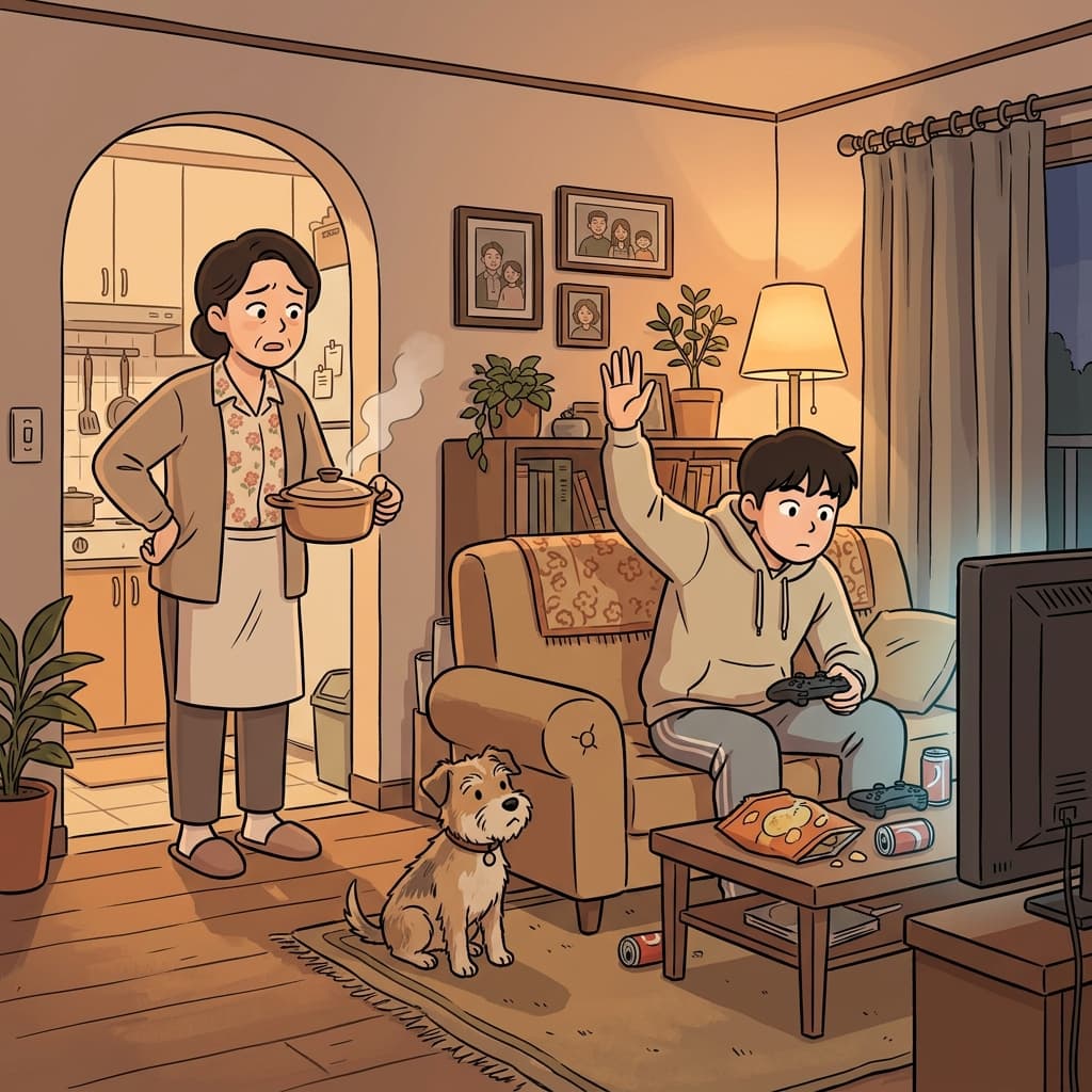 Mom calls for dinner and he shouts 'in a minute!' without looking up.