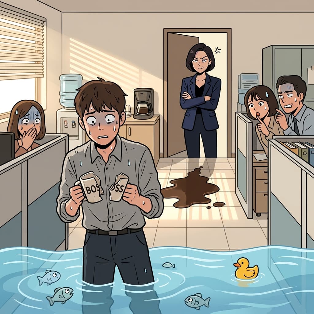 He's in deep water after breaking his boss's favorite mug this morning.