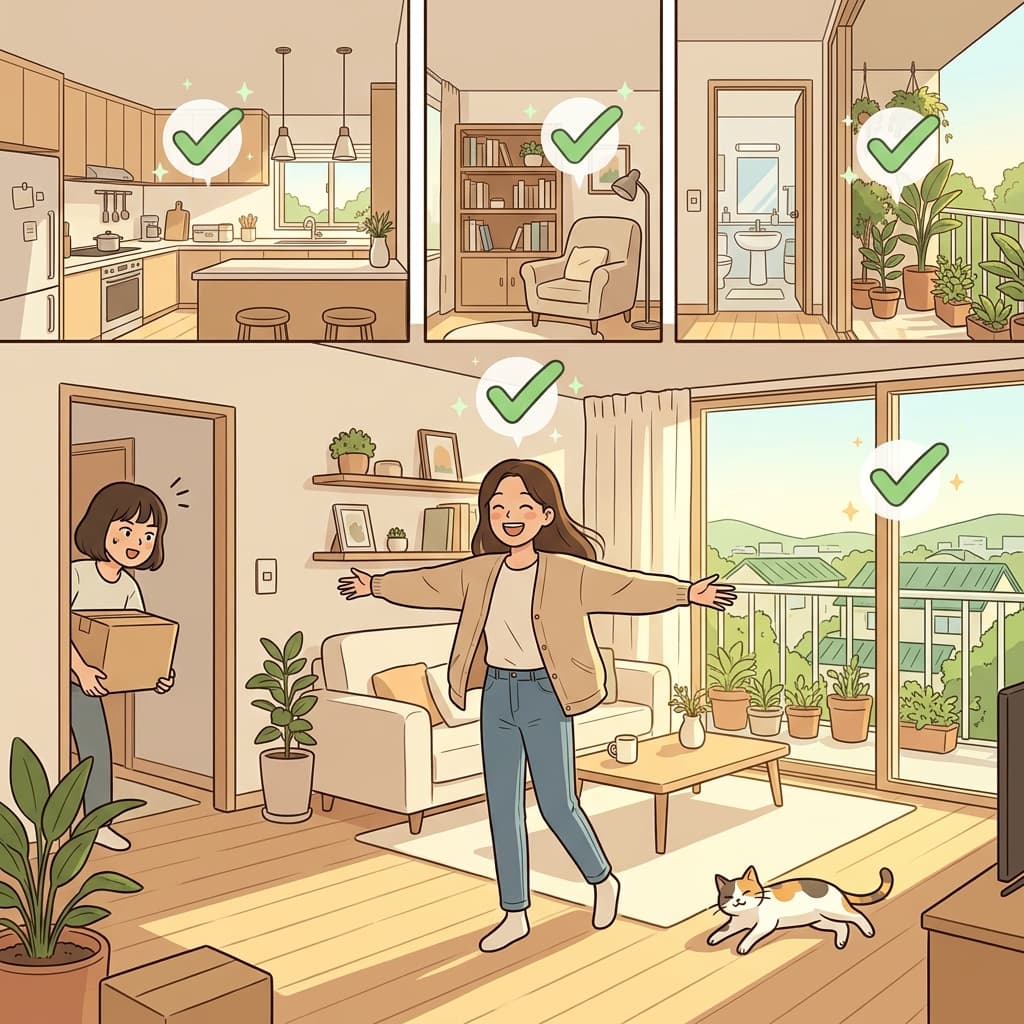 Her new apartment is perfect in every respect — light, space, and view.