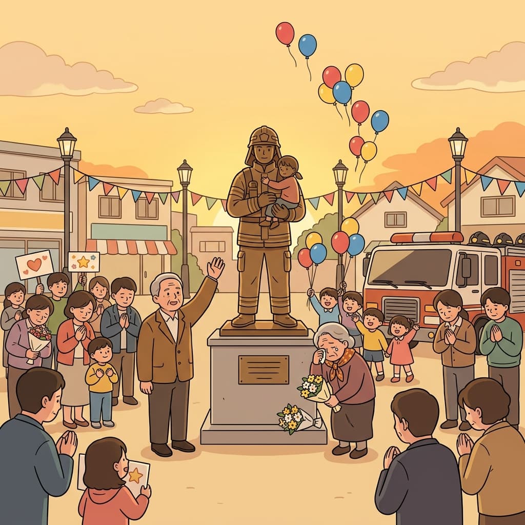 The whole town gathered in honor of the firefighter who saved the school.