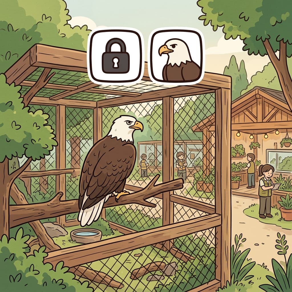 The eagle could not fly freely because it lived in captivity. (Cage + Animal → In captivity)