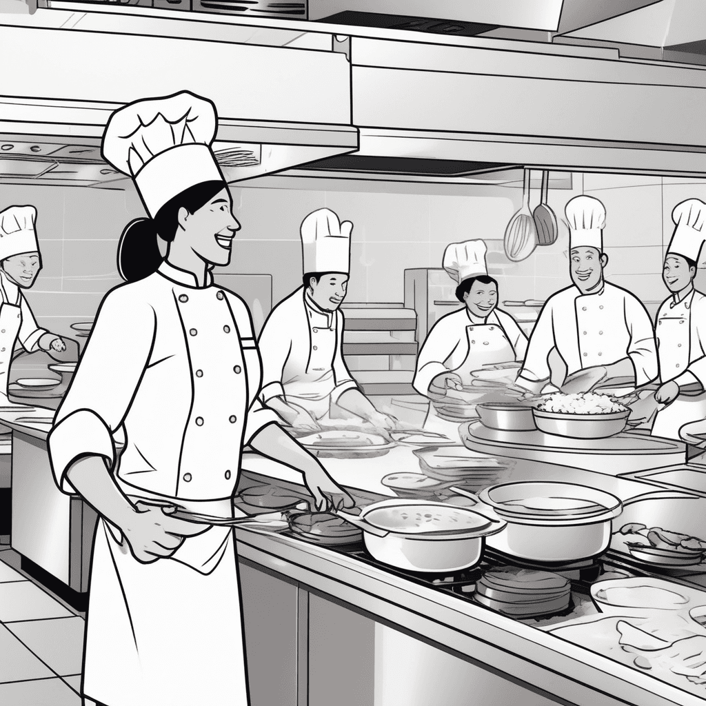 a head chef wearing a tall white hat points confidently toward different cooking stations while holding a clipboard. She watches over multiple cooks who are preparing various dishes at their assigned stations. When one cook looks confused about a recipe, the head chef immediately steps over to guide and correct the preparation. The other kitchen staff look to her for direction as orders pile up. Her decisive gestures and the staff's attentive responses show her clear authority over the entire kitchen operation. someone having control and responsibility for managing others and their work