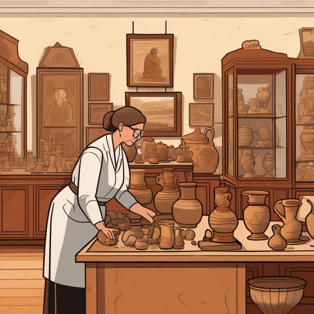 a museum curator carefully arranges ancient pottery pieces on a long display table. She places the oldest, most primitive clay pot first, then adds increasingly sophisticated vessels moving from left to right. Each pottery piece shows clear progression from simple early designs to complex decorated styles. The arrangement demonstrates how pottery evolved over thousands of years. Her assistant points to a chart on the wall showing dates that correspond to each piece's time period. historical artifacts being arranged according to the order in which events occurred in time