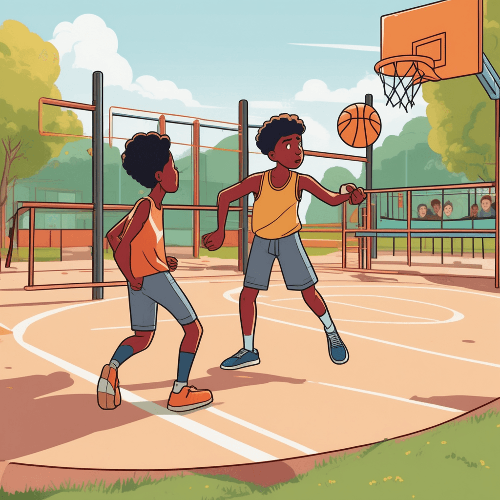 a determined young student continues bouncing a basketball while looking directly at a stern teacher approaching with a whistle. The student maintains a confident stance despite the teacher's obvious disapproval and pointing gesture. The teacher has clearly been trying to stop the ball game as evidenced by other students standing nearby holding their confiscated sports equipment. The bouncing continues rhythmically as the student refuses to stop playing. Other children watch nervously from the sidelines as the confrontation unfolds. The student's body language shows complete disregard for the teacher's authority. refusing to obey or respect the established rules in spite of consequences