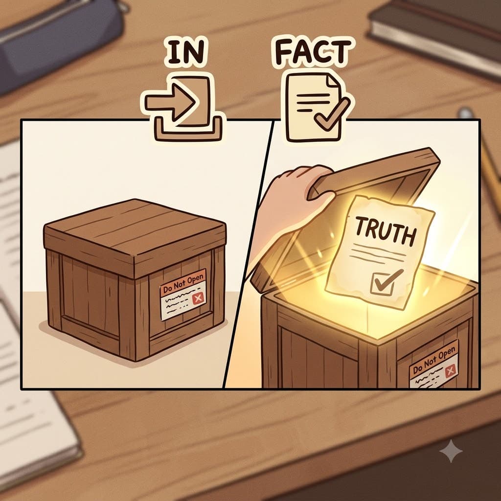 IN (inside) + FACT (truth) — by looking deep IN (inside) the box to find the real FACT (truth), he proved that the rumor was in fact true.