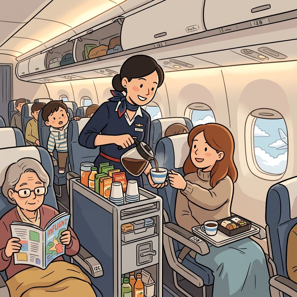 The flight attendant serves coffee during the in-flight meal service.