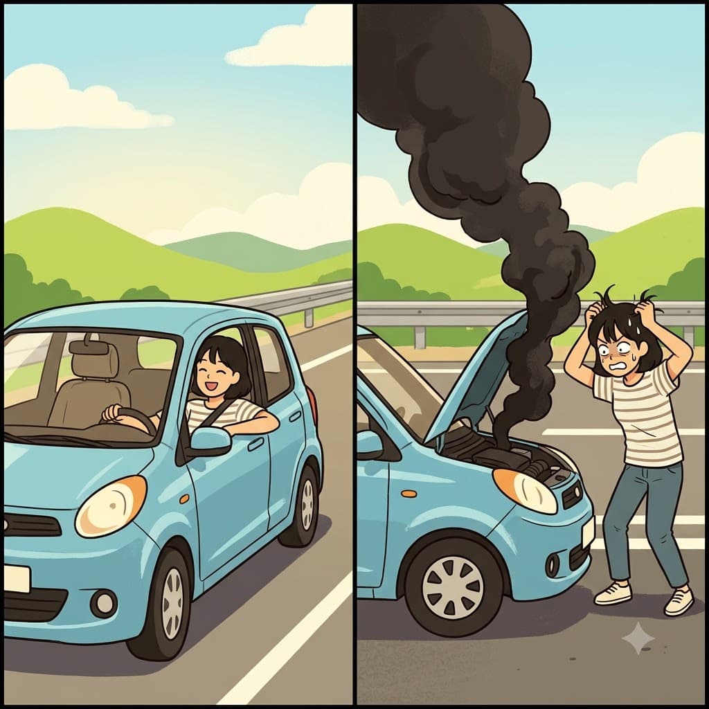 The driver was in trouble when his car broke down and smoke poured from the engine.