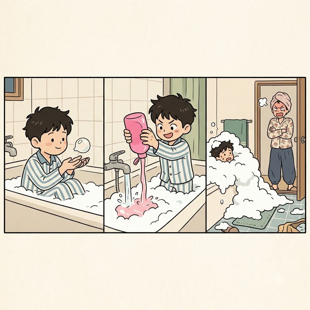 The bubble grew to double its size, and the boy was suddenly in trouble as foam flooded the bathroom.