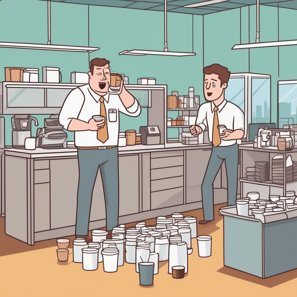 an office worker reaches across a counter to grab sugar packets while holding a full coffee mug. As they stretch forward, their elbow bumps into a stack of important papers on the counter. The coffee mug tilts and spills hot coffee all over the documents below. The papers become soaked and stained as coffee drips onto the floor. A coworker nearby gasps and points at the mess with concern. something happening without intention or by mistake, completely accidentally