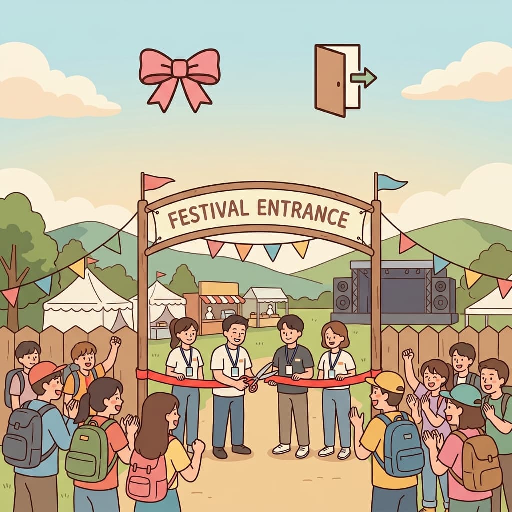 The inaugural ribbon-cutting ceremony officially opened the music festival. (🎀 Ribbon Cutting + 🚪 First Opening → Inaugural)