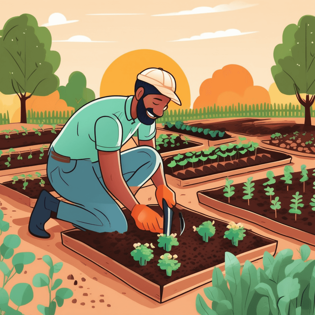 a cheerful gardener kneels down and carefully places tiny seeds into small holes in the dark earth. She gently covers each seed with a thin layer of soil using her hands. The soil is freshly prepared with neat rows marked out for planting. Small gardening tools lie nearby along with seed packets that have been opened. Other gardeners work on more established plots in the background with growing plants. A watering can sits ready to nourish the newly planted seeds. the beginning or initial phase of the growing process