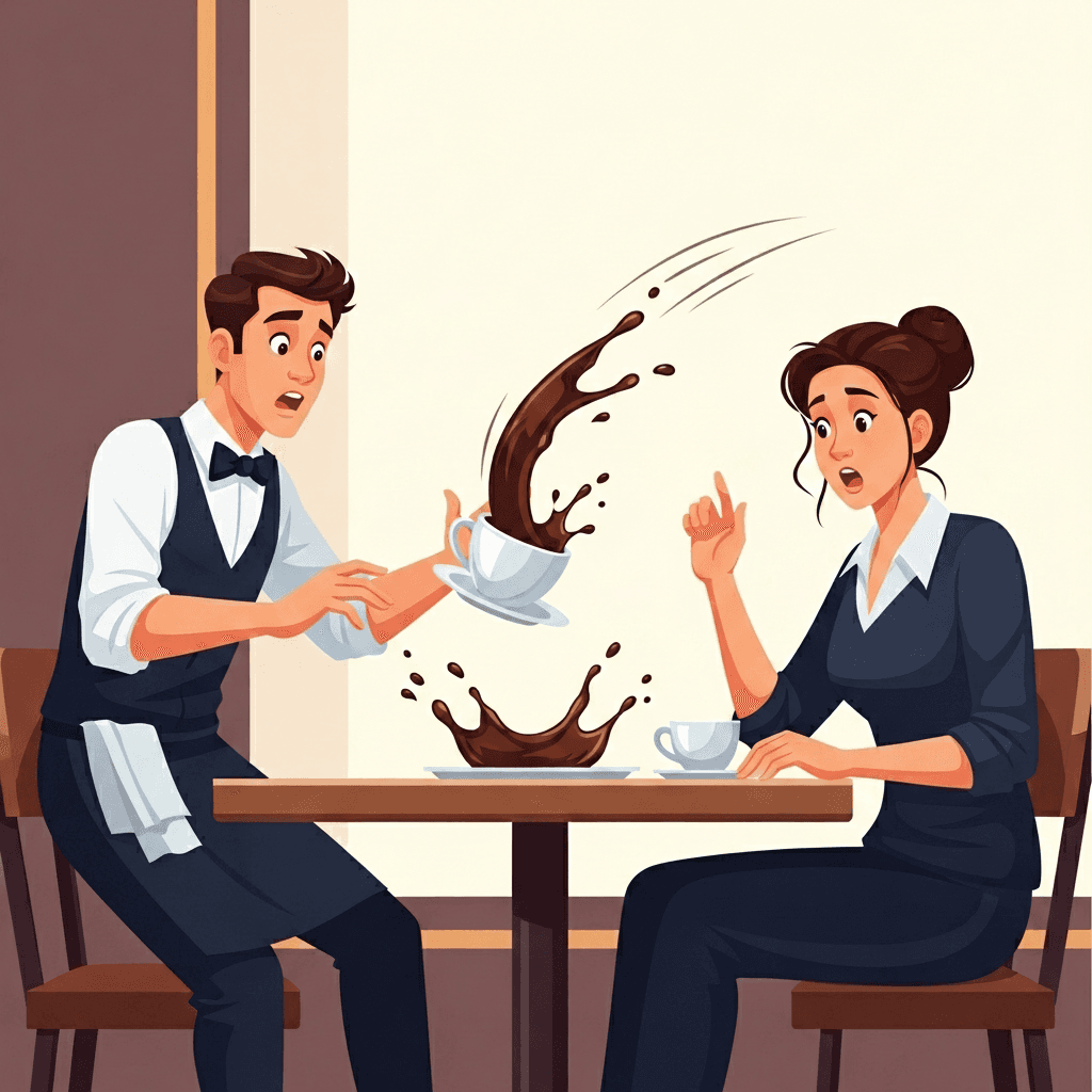 A small incident occurs when the waiter accidentally spills the coffee.