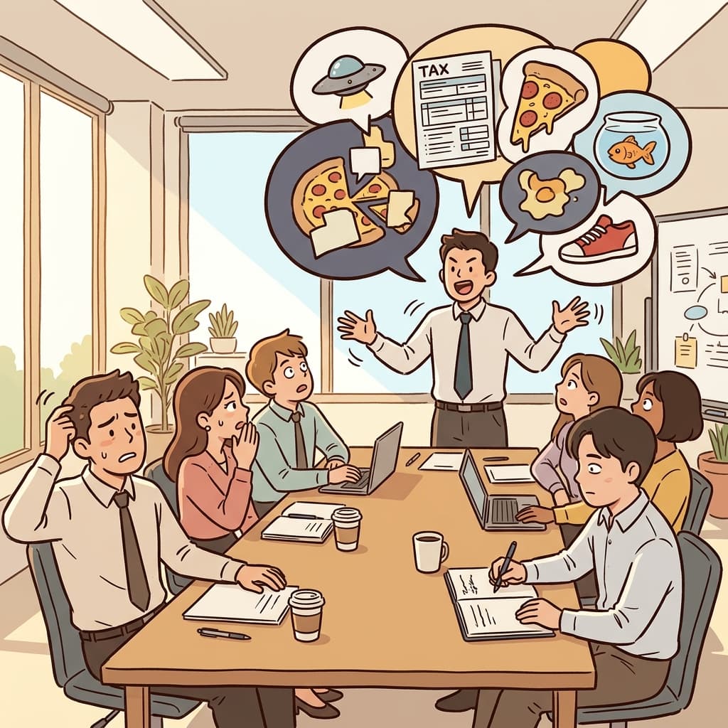 His incoherent ramblings about aliens, taxes, and pizza confused everyone at the meeting.