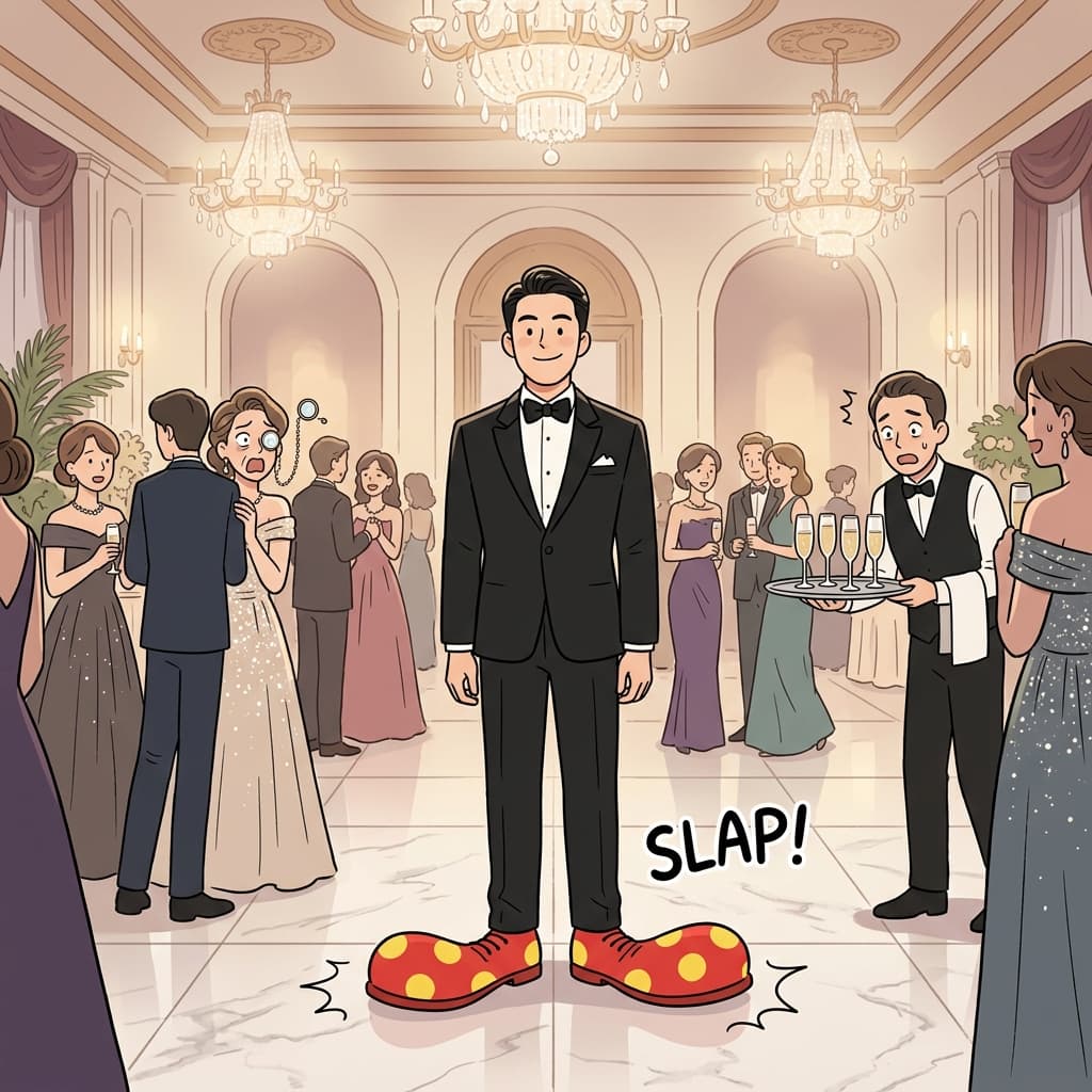 His clown shoes look completely incongruent with the formal black tuxedo.