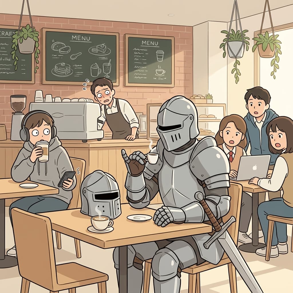 A knight in full armor sipping a tiny cappuccino looks utterly incongruous at the modern cafe.