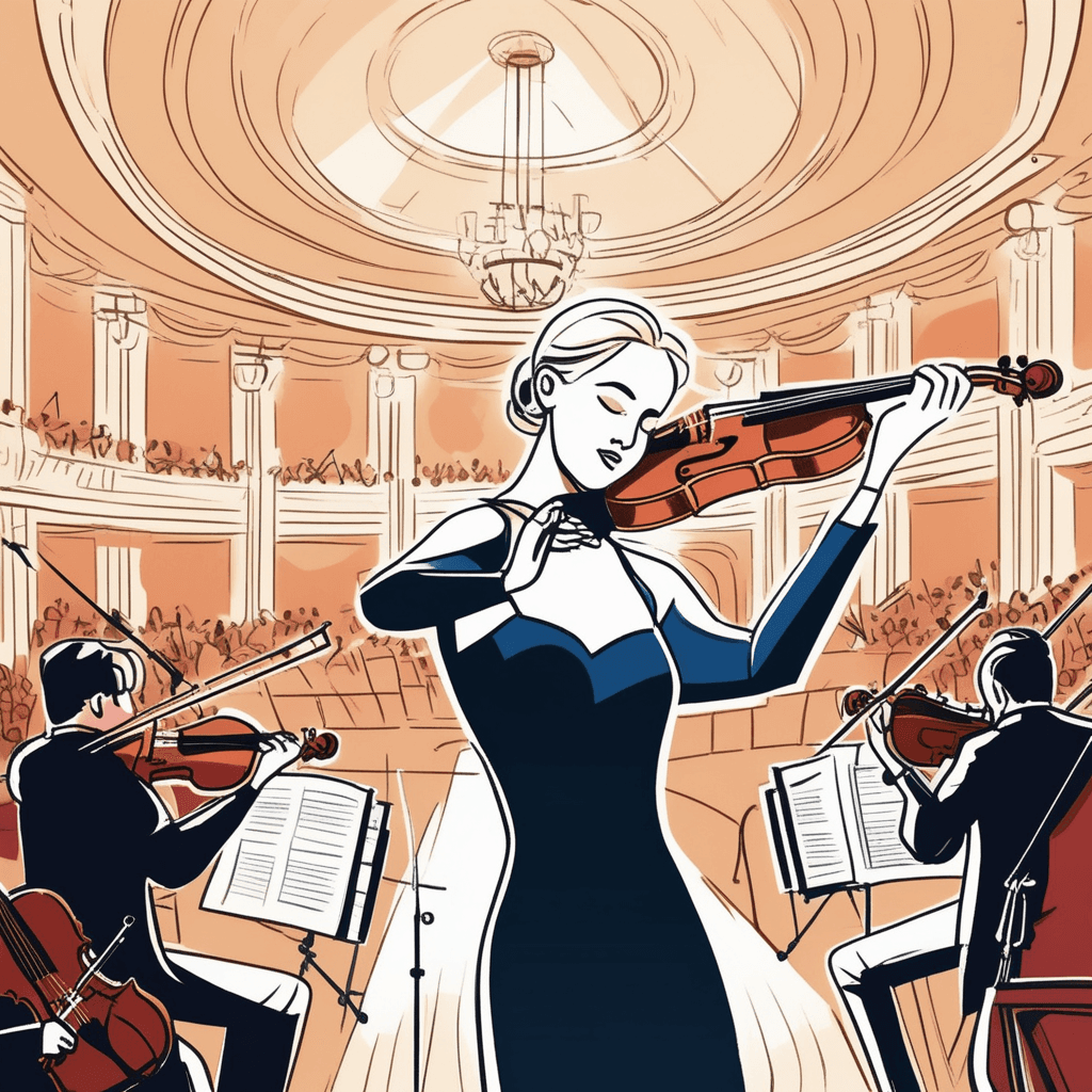 a violinist plays energetically while reading sheet music, but her musical notes clash horribly with the rest of the orchestra. The conductor waves his baton frantically, trying to bring harmony to the performance. The violinist continues playing her own rhythm, completely out of sync with the gentle classical piece. Other orchestra members wince and cover their ears as the discordant sounds fill the air. Some musicians stop playing entirely and stare at the violinist in confusion. musical elements that are not in agreement or harmony with each other