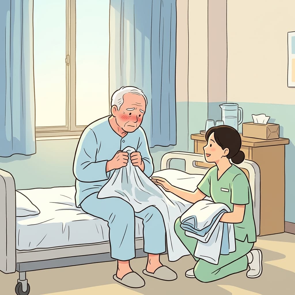 The elderly patient felt embarrassed being incontinent, but the nurse reassured him kindly.