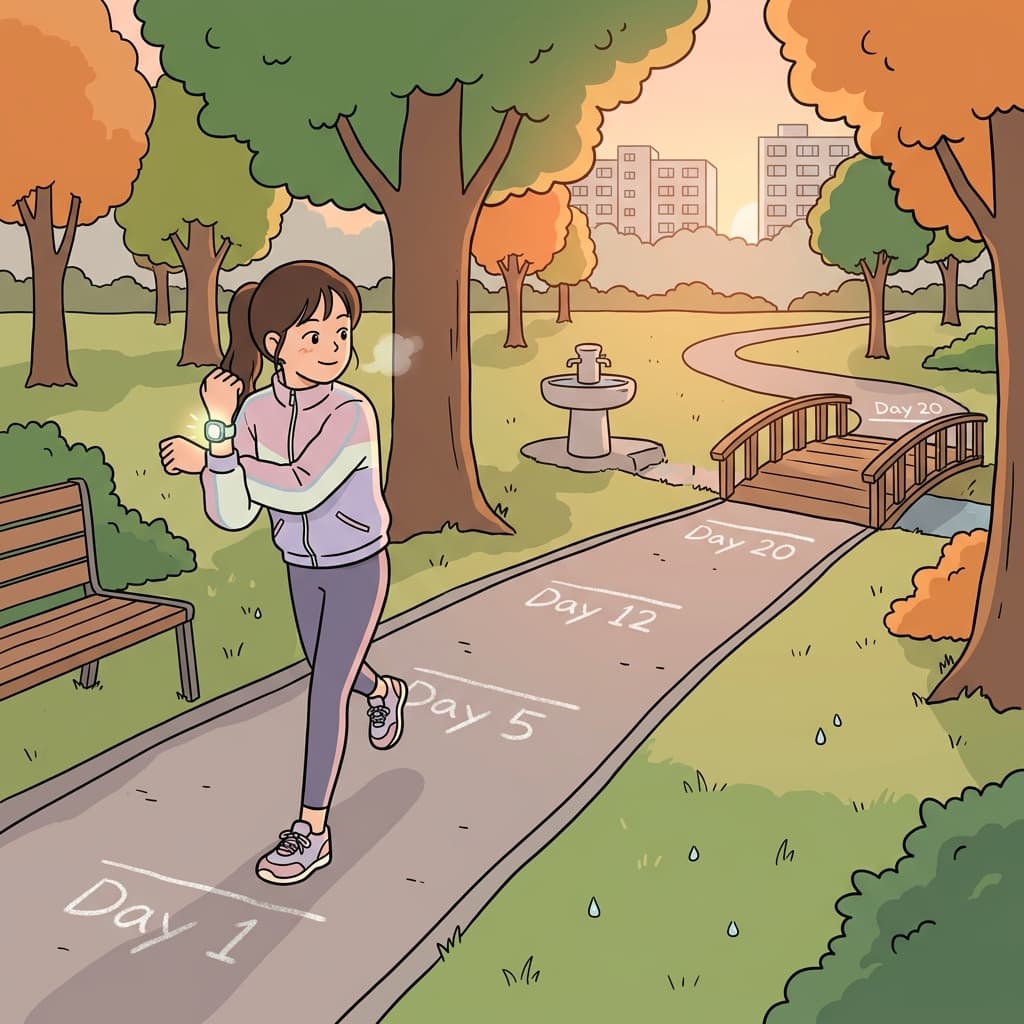 She makes incremental progress on the marathon, running a little farther each morning.