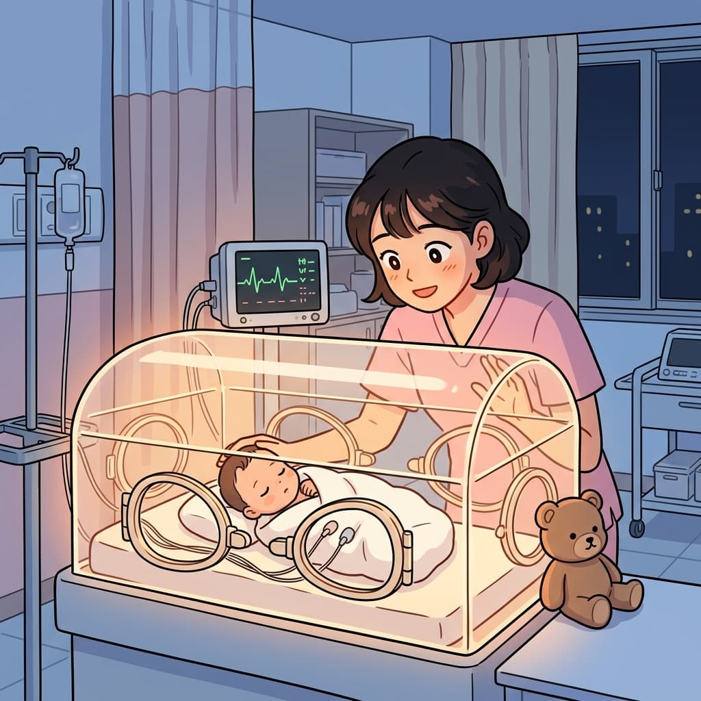 The incubator keeps the fragile newborn warm and safe through the night.