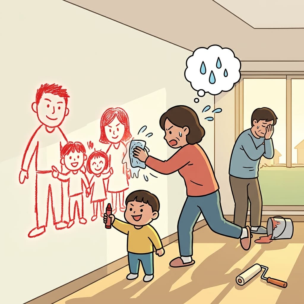 The child's crayon marks were indelibly stamped on the freshly painted wall.