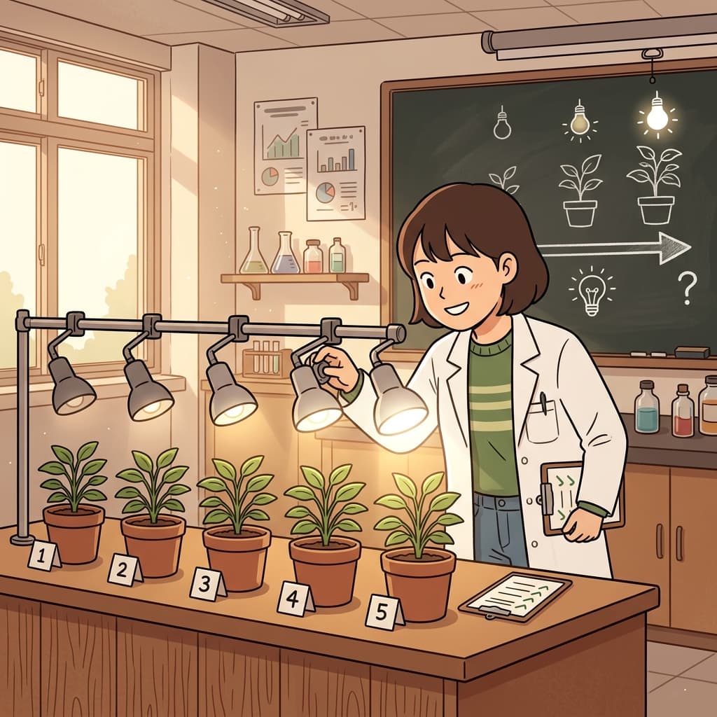 The scientist changes the independent variable — the amount of sunlight each plant gets.