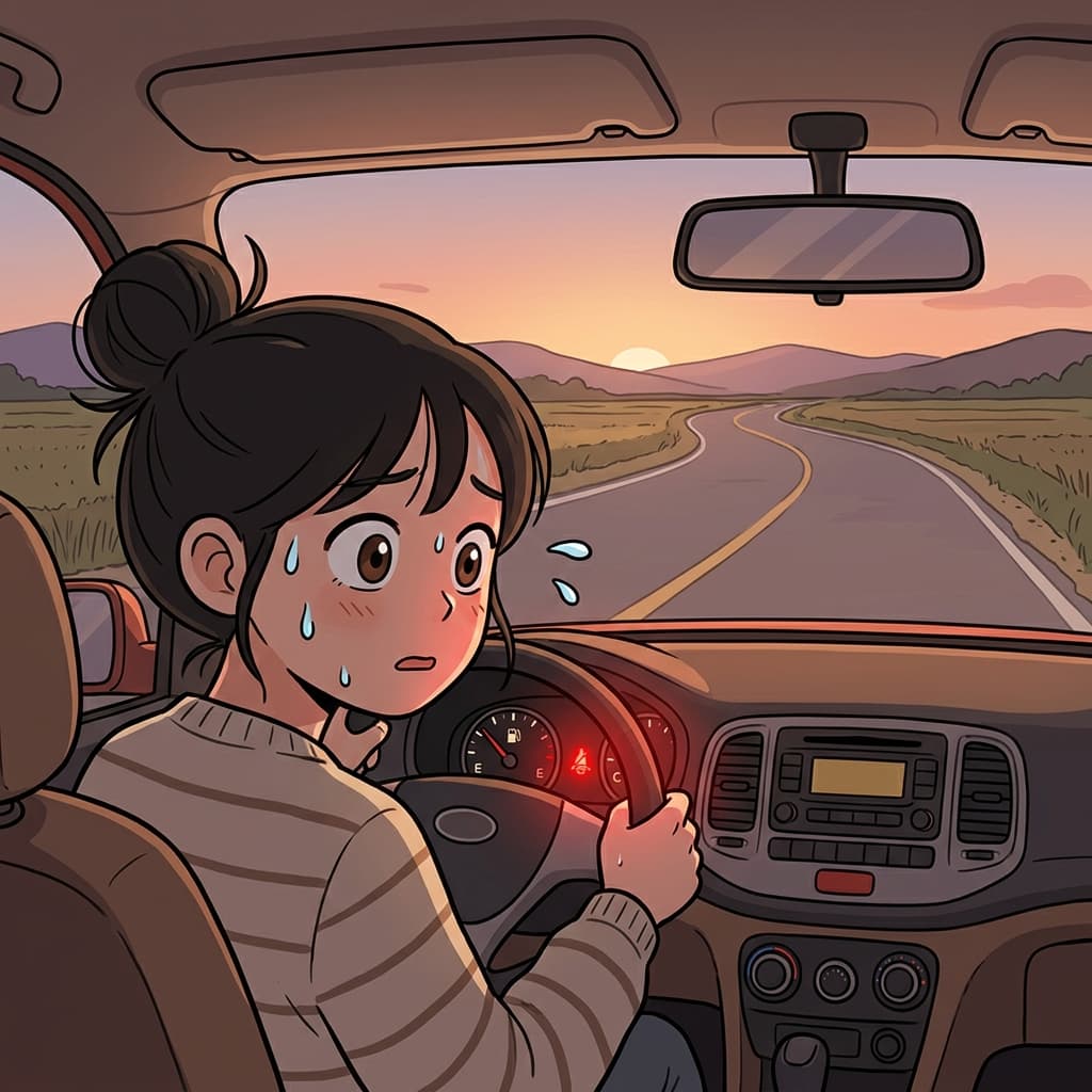 The fuel indicator on the dashboard blinks red as the car nears empty.