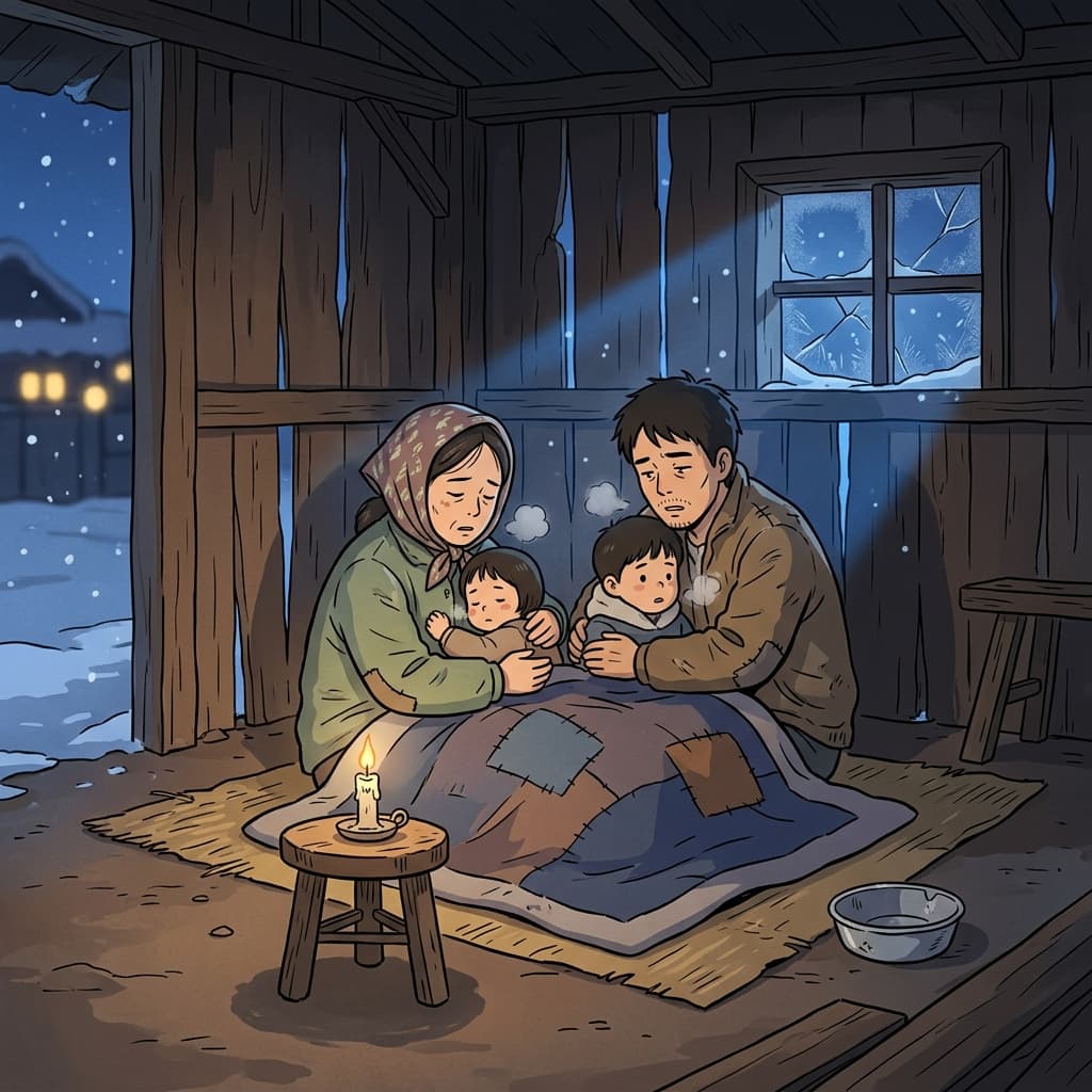 Their indigence forced the family to share one thin blanket through winter.