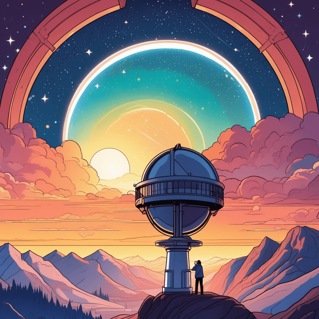 an astronomer looks up through a large telescope at an incredible aurora dancing across the dawn sky. Her face shows complete wonder as tears stream down her cheeks from the overwhelming beauty. The aurora swirls in impossible colors that seem to defy description, mixing with shooting stars and distant galaxies. She reaches toward her colleague but finds herself speechless, only able to gesture helplessly at the magnificent sight above. Her colleague stands equally stunned, mouth agape, unable to find any words for what they're witnessing. an experience too great and extreme to be expressed or described in words