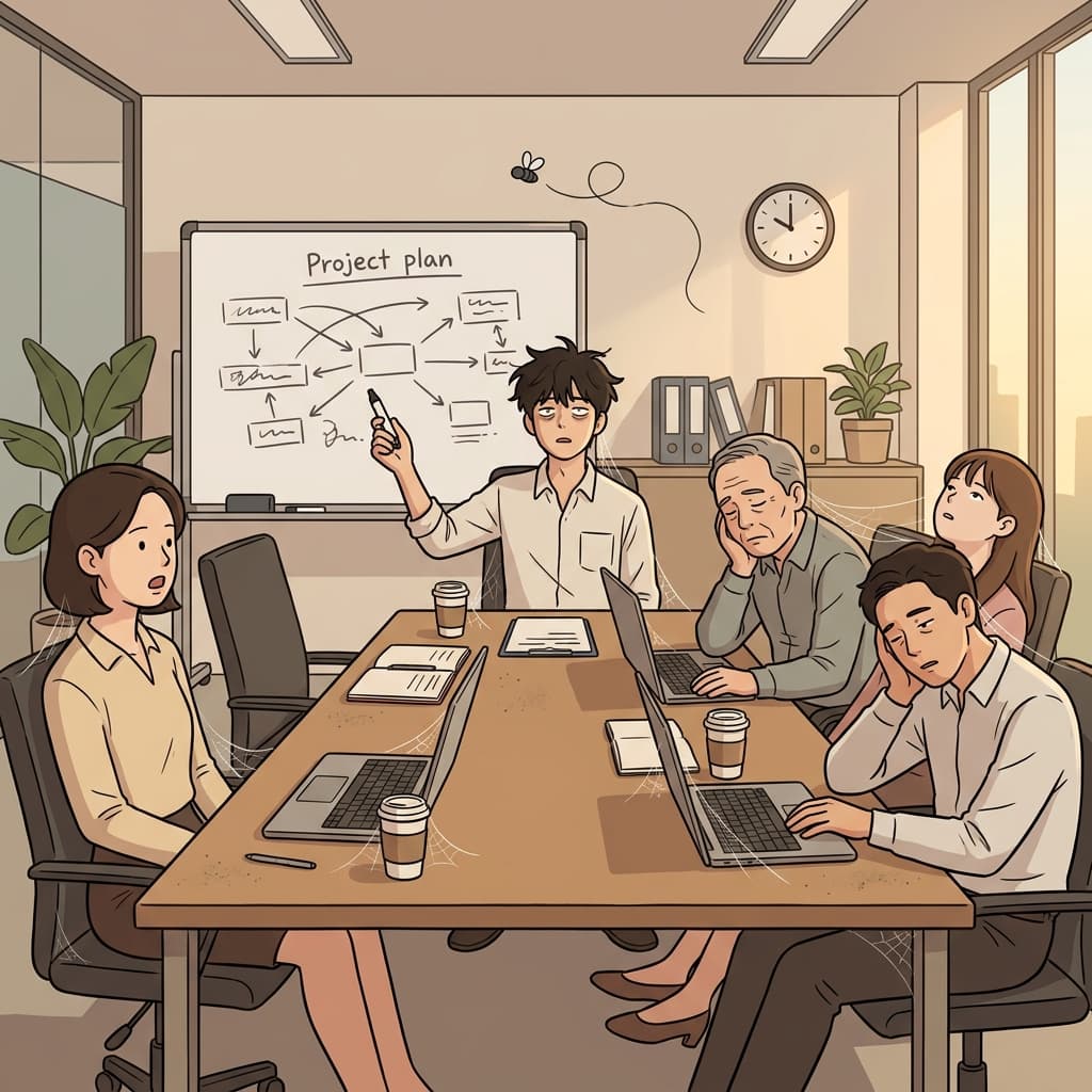 Nobody moves first — the team's inertia keeps everyone frozen in their chairs.