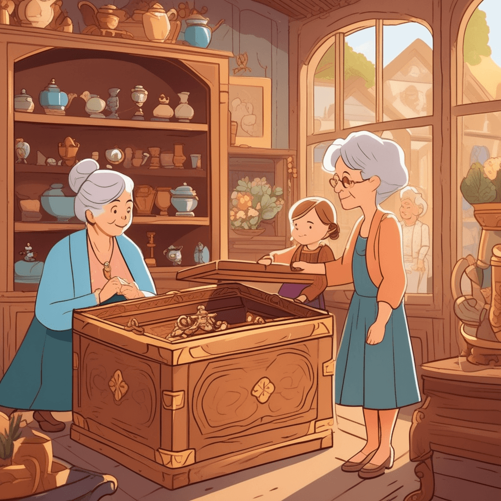 an elderly grandmother carefully opens an ornate wooden jewelry box while her young granddaughter watches with wonder. Inside the box sits a simple locket that belonged to the grandmother's mother, passed down through generations. The grandmother's eyes fill with tears of joy as she gently lifts the precious heirloom. The granddaughter reaches out with reverent hands, understanding this moment represents a priceless family connection. Other antique items around them pale in comparison to this irreplaceable treasure. something too precious to be measured or calculated in monetary terms