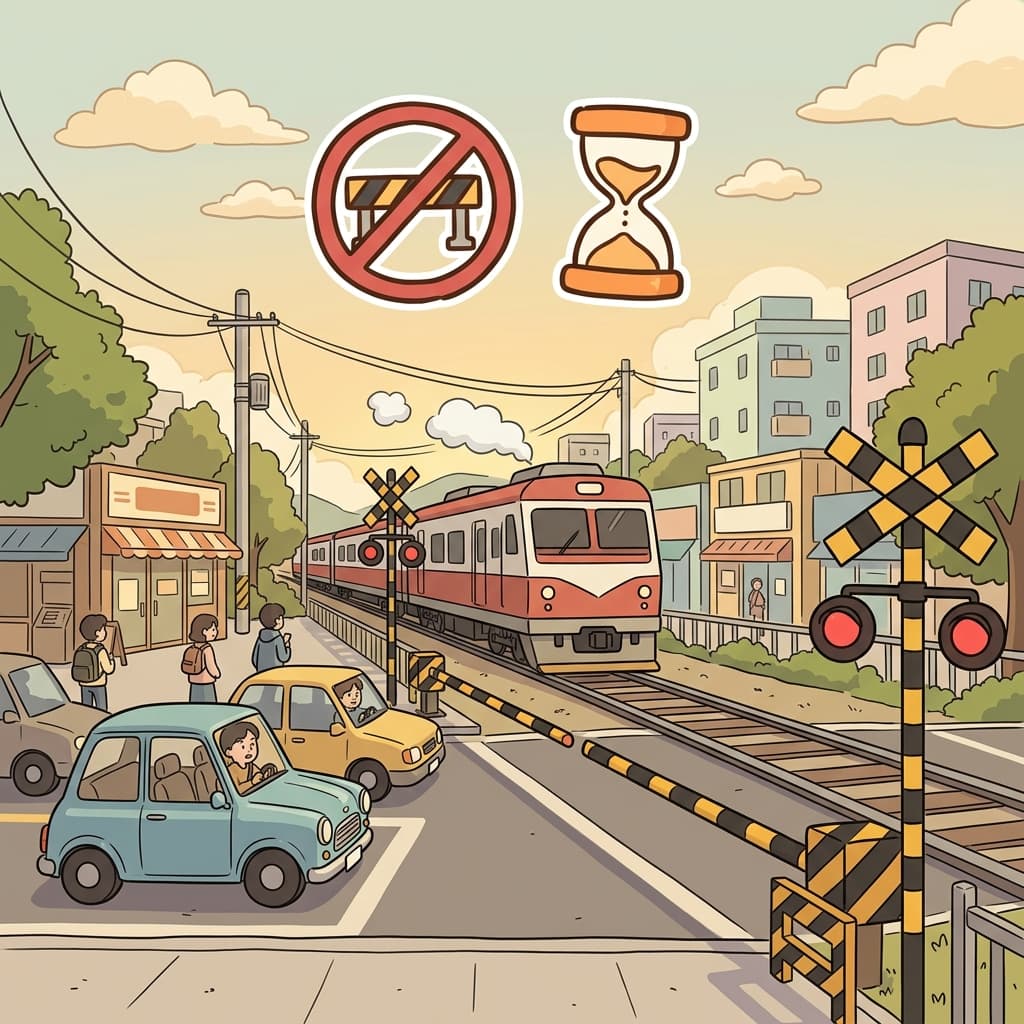 The train inevitably arrived after the crossing gate came down. (🚫 Avoid + ⏳ Eventually → Inevitably)
