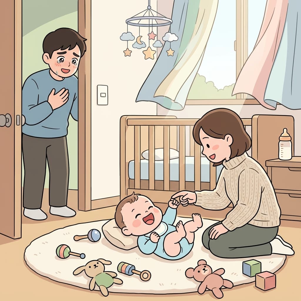 During infancy, a baby learns to grasp fingers and giggle at simple sounds.