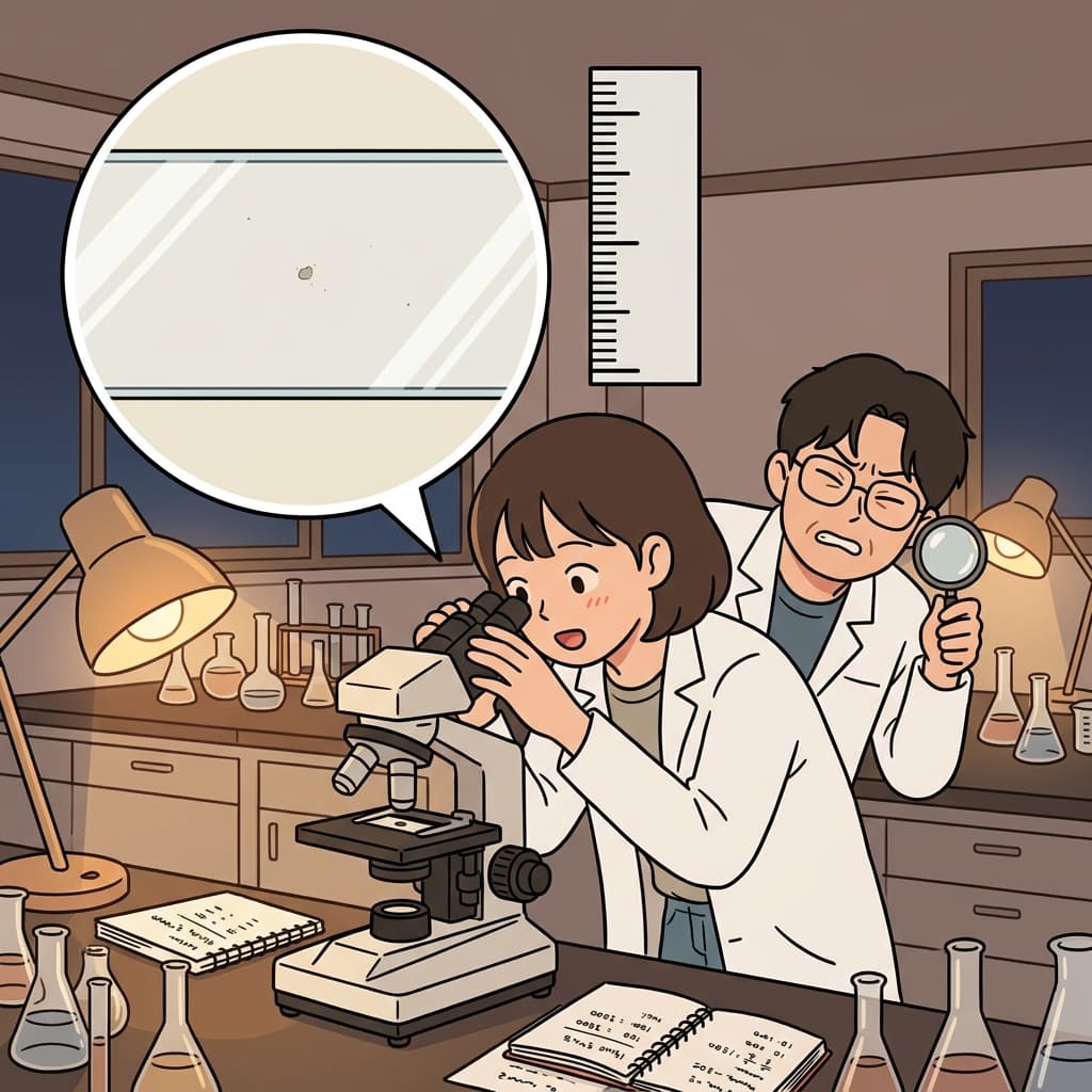Under the microscope, an infinitesimal speck of dust floats between the glass slides.