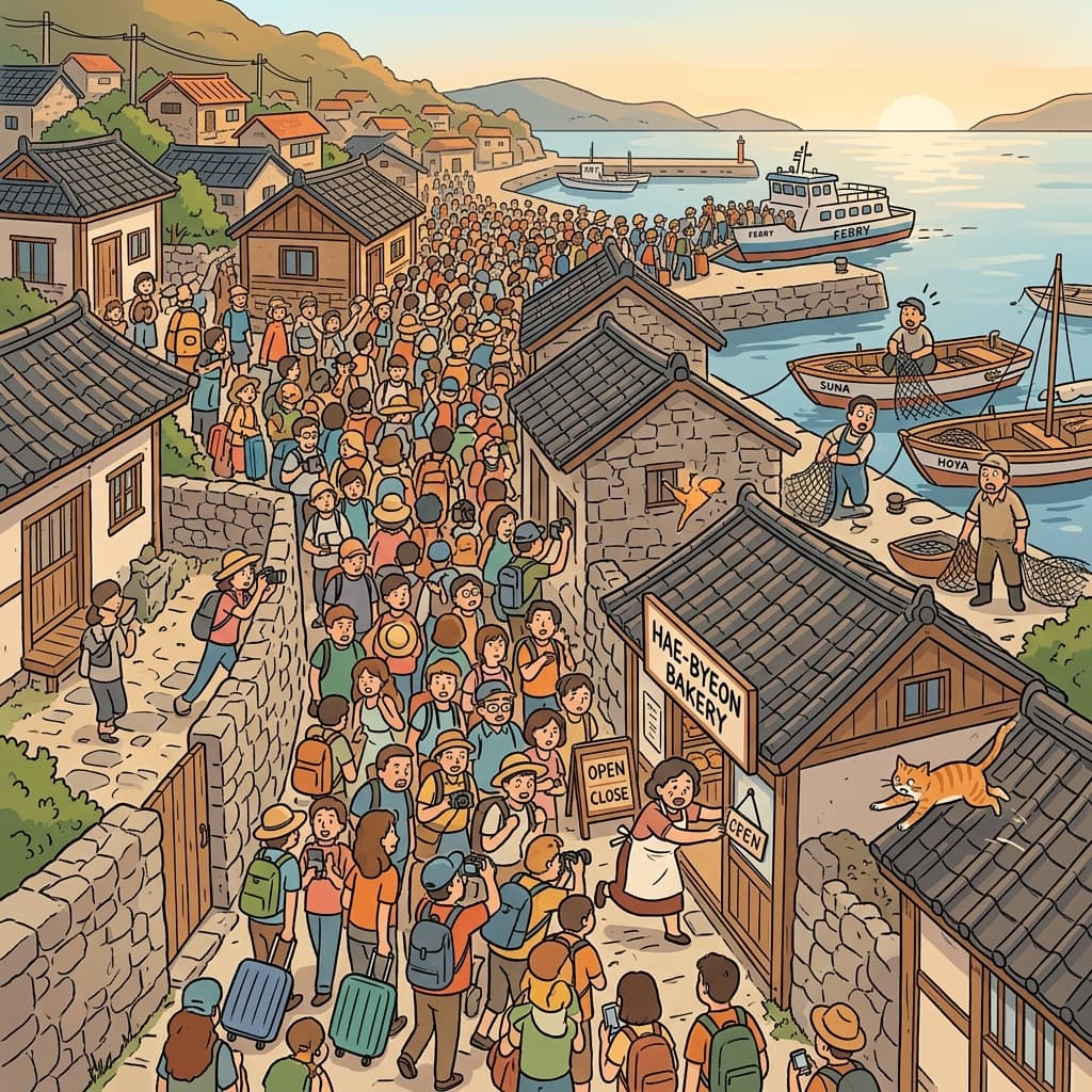 A sudden influx of tourists floods the tiny seaside village this morning.