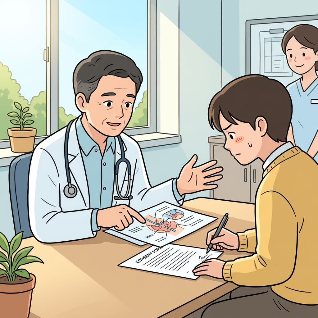 The doctor explains every risk before the patient signs informed consent.