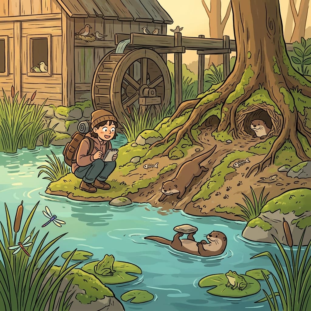 Wild otters inhabit the quiet river bend behind the old mill.