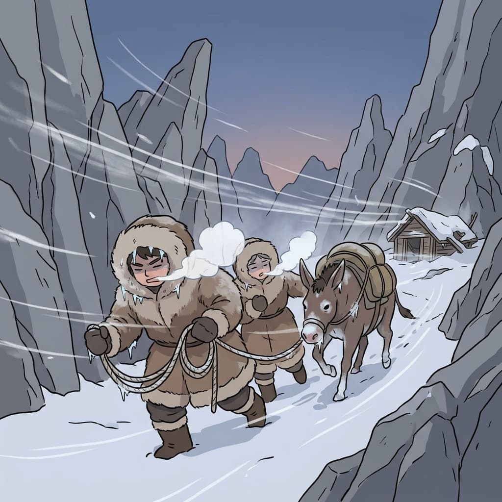 The inhospitable mountain pass froze the travelers within minutes of arrival.