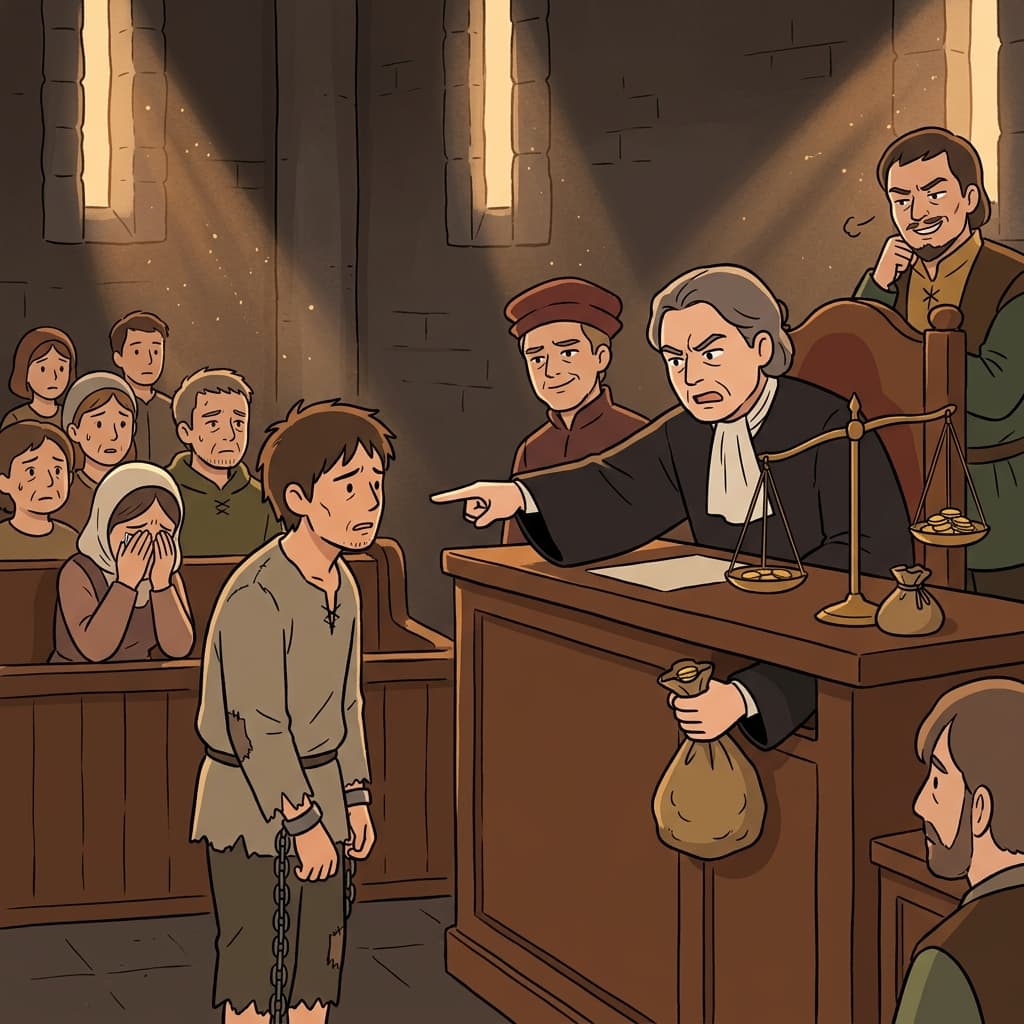 The iniquitous judge accepts a bag of gold and condemns the innocent farmer.