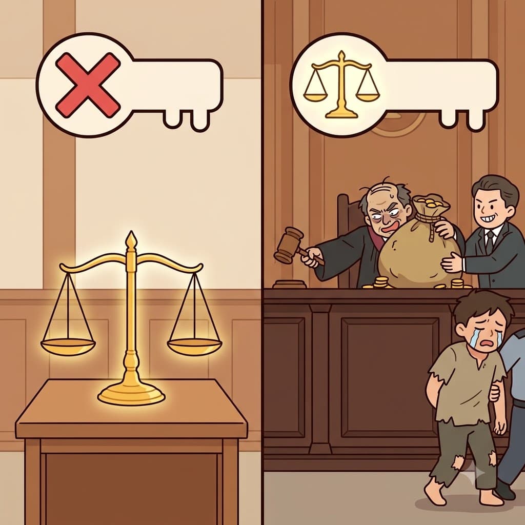 IN(not) + IQUIT(equity) — showing absolutely IN(no) respect for IQUIT(equity), the corrupt judge made an entirely iniquitous ruling.