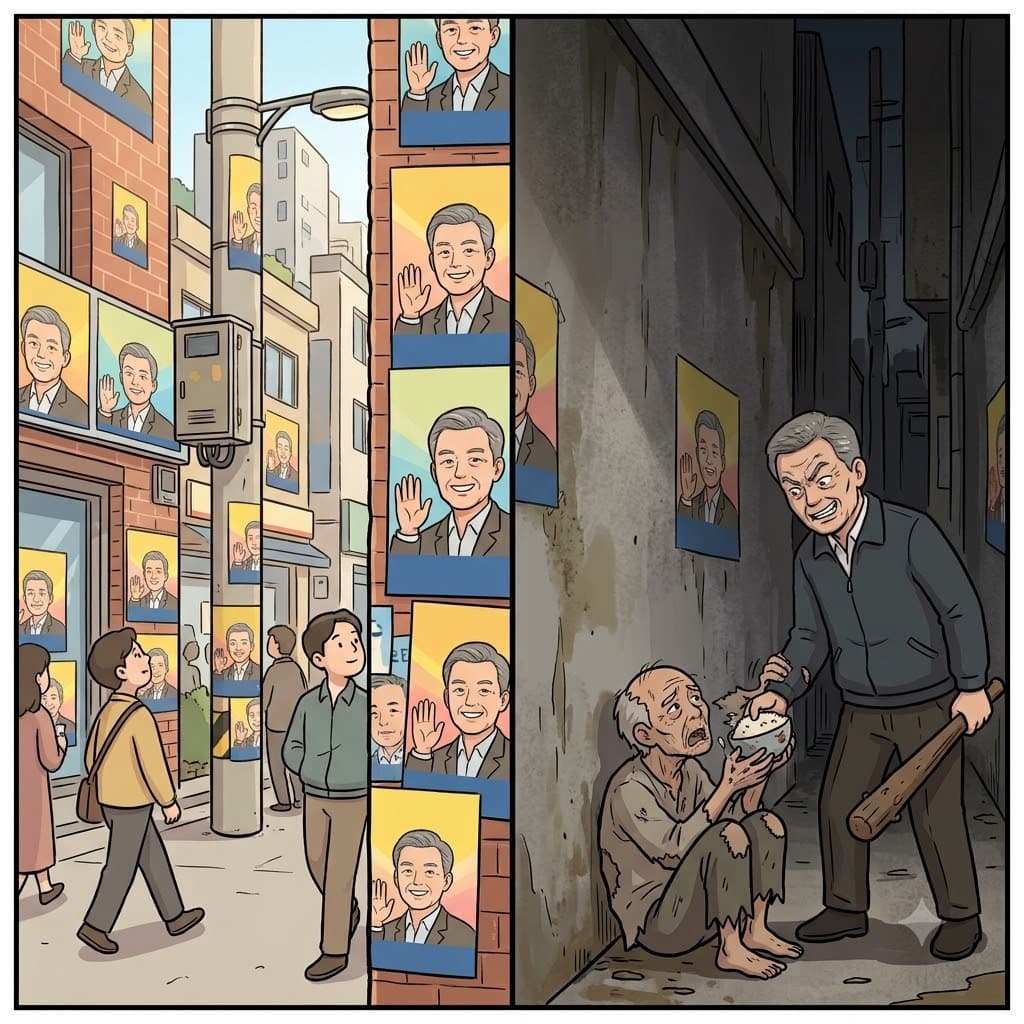 Although his smiling posters were ubiquitous, the citizens secretly hated the dictator's completely iniquitous rule.