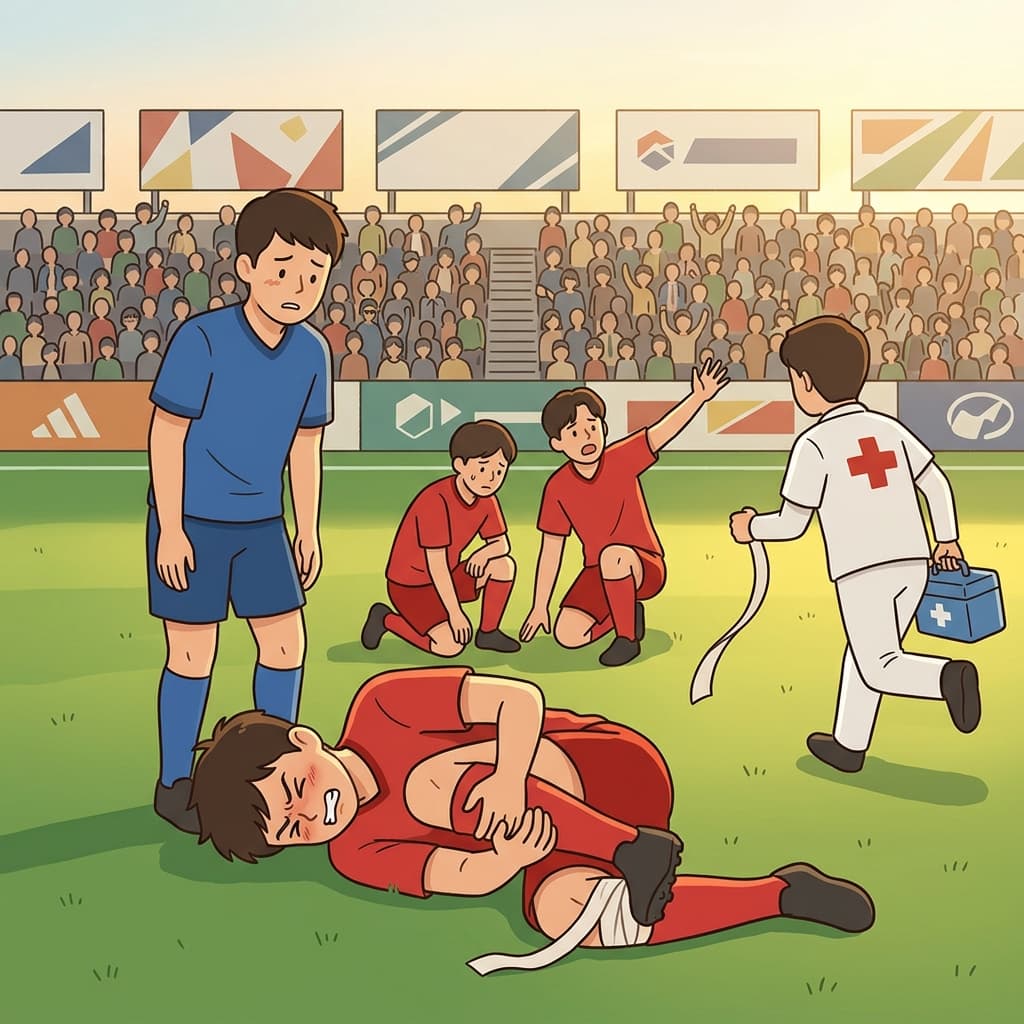 The soccer player got injured after a hard tackle near the goal.