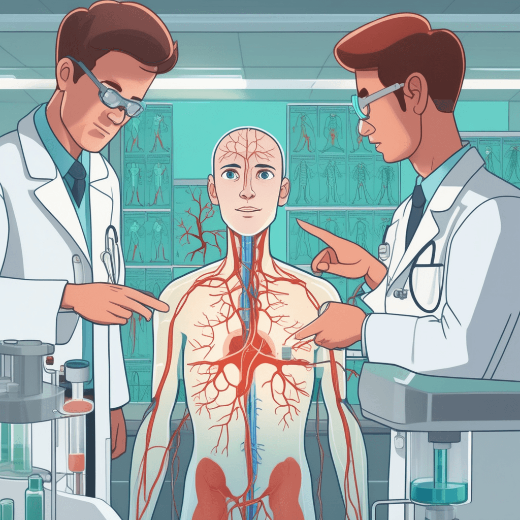 a scientist points to glowing nerve pathways on a transparent human torso model while explaining to students. The illuminated nerves branch out like lightning bolts connecting the spinal cord to various organs. As the scientist traces each pathway with a pointer, different organs light up showing their nerve connections. The heart glows when she touches its nerve supply, then the stomach brightens as she follows its neural pathway. Students lean in closely watching how each nerve connects the central nervous system to specific body parts. One student takes notes while another adjusts the model for a better view. how nerves supply and connect to organs and body parts throughout the human body