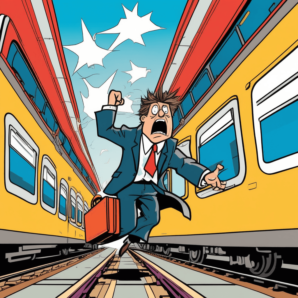 His insane brain chases the train!