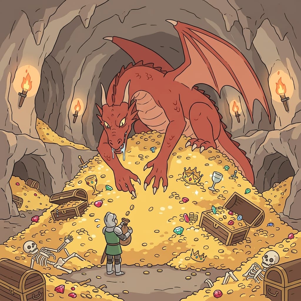 His insatiability for gold made the dragon hoard treasures endlessly, never satisfied.