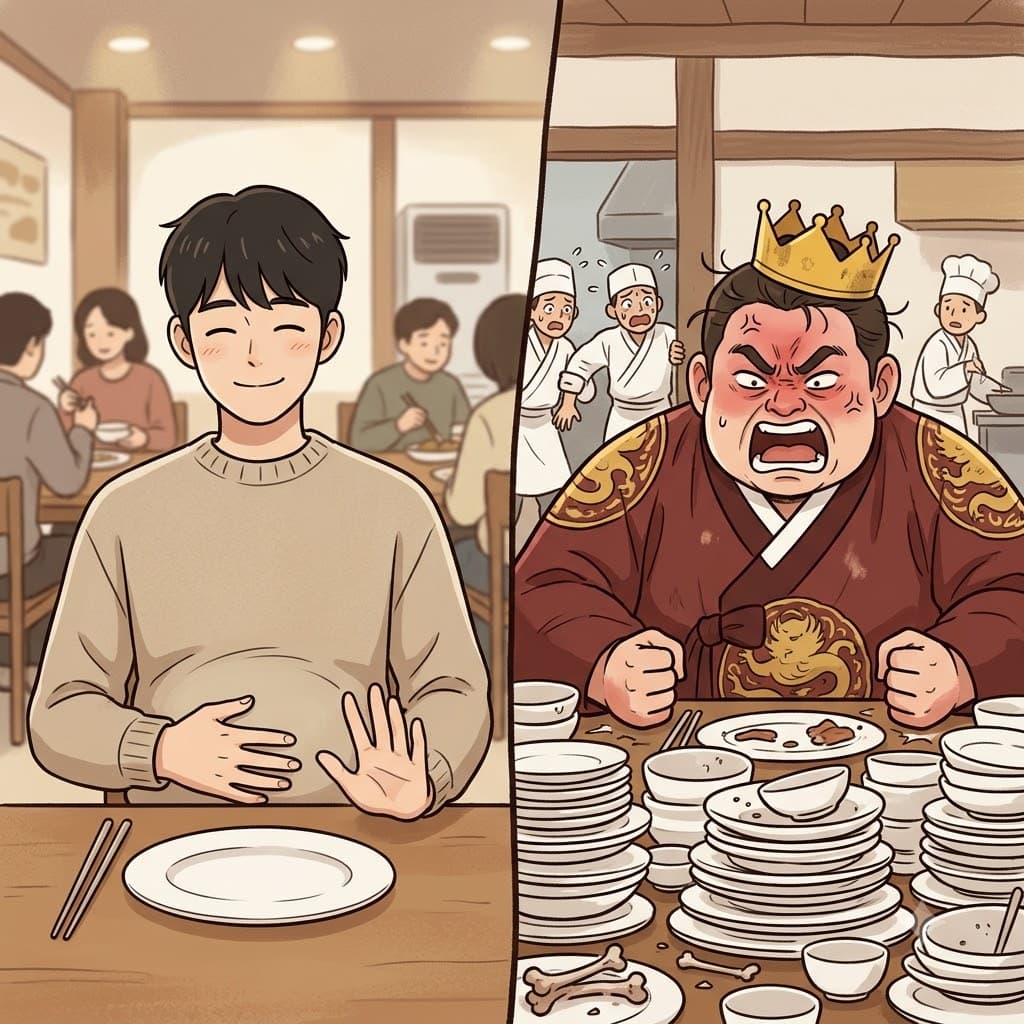 While the normal guest smiled and patted his stomach after one plate, the greedy king's hunger was completely insatiable, angrily demanding another mountain of food.