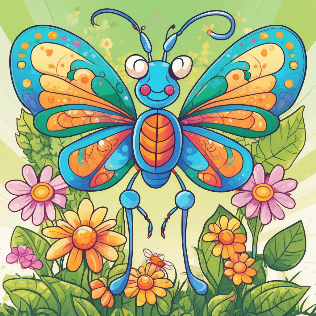 An insect butterfly with six legs and wings flying through a sunny flower garden