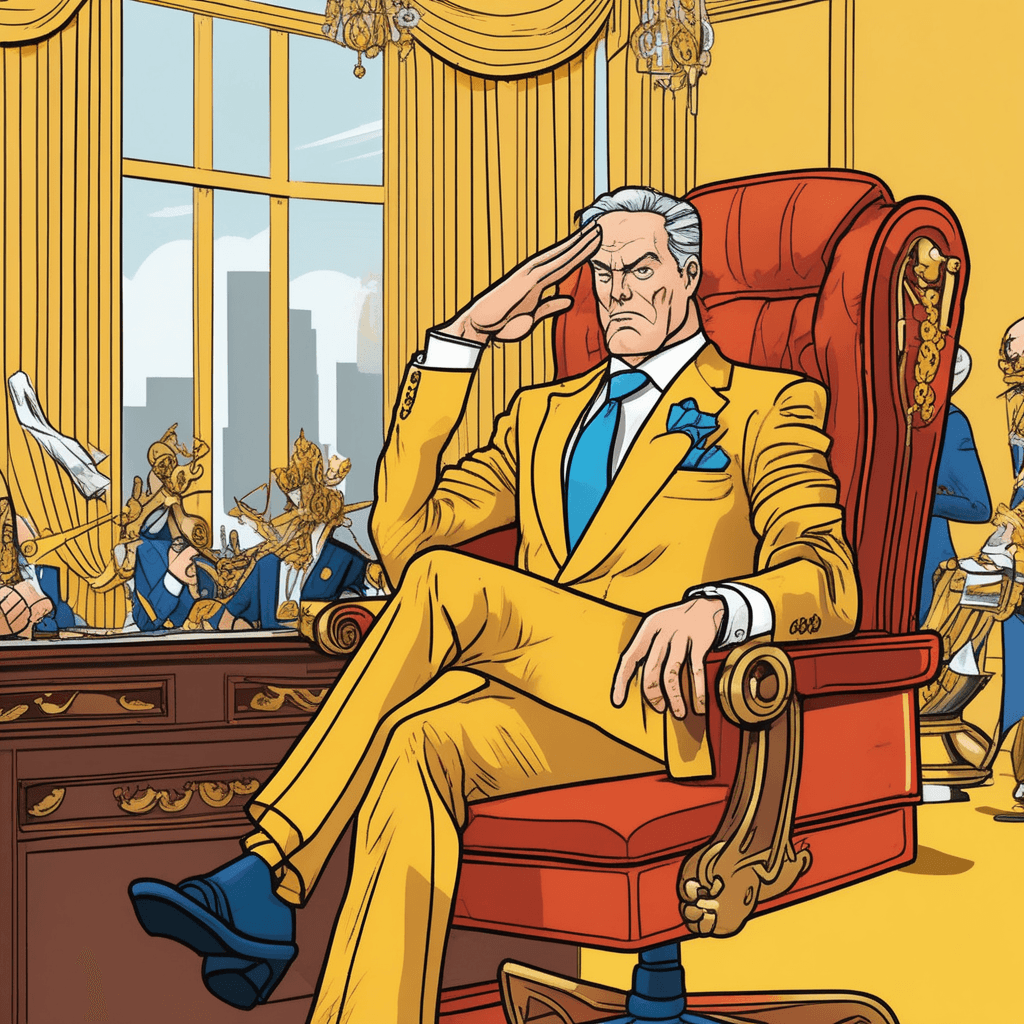 The insolent rich man sits opulent in his golden chair!