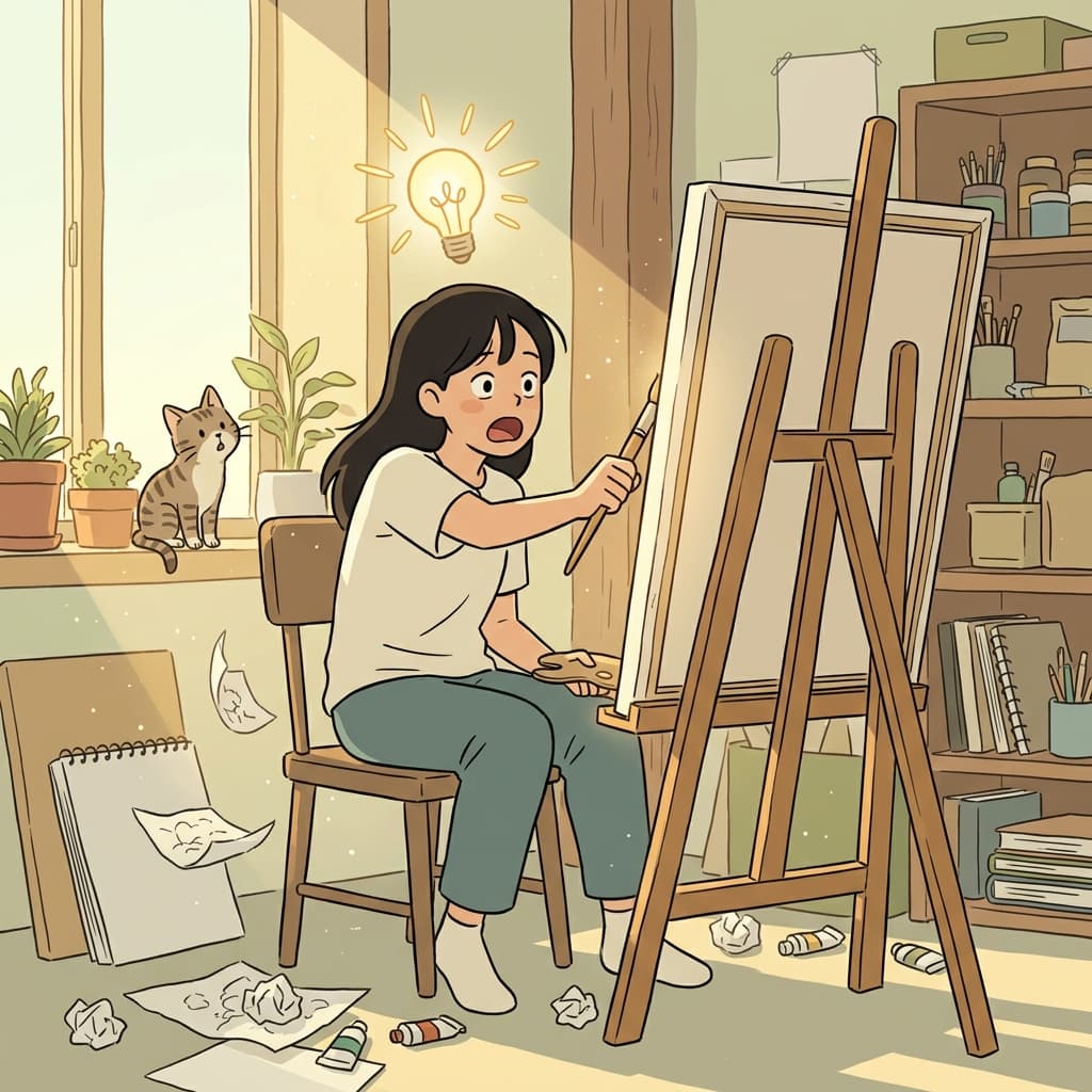 A sudden inspiration strikes the painter as sunlight hits her blank canvas.