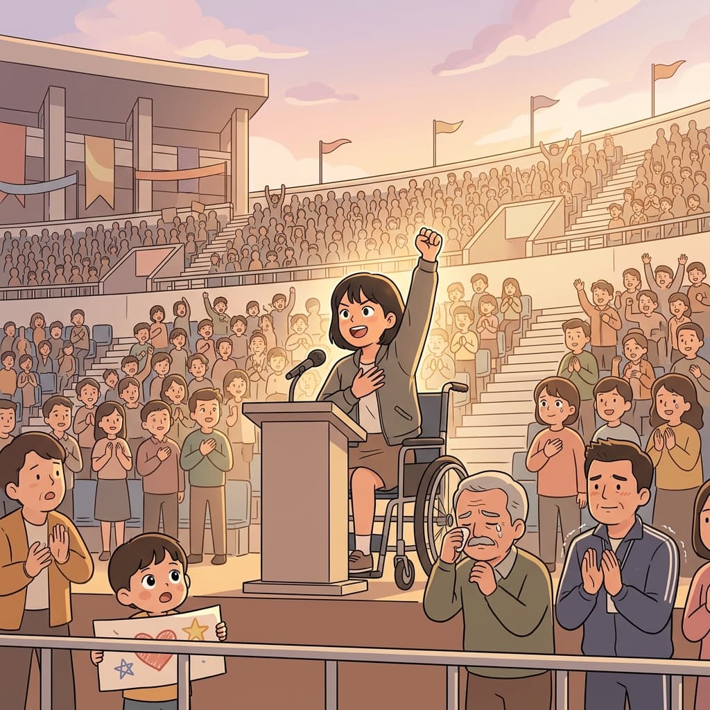 Her inspirational speech made the whole stadium rise to their feet in tears.